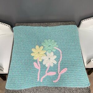 Hand Crocheted Baby Blanket With 3D Flowers Blue Yellow Pink 29x26 Nursing
